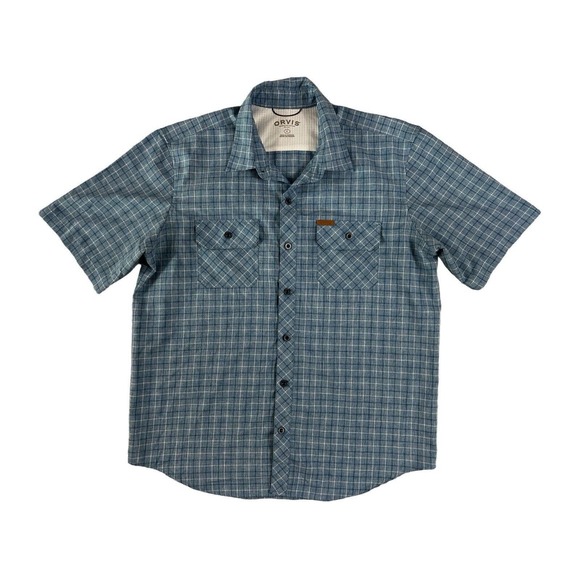 Orvis Men Blue Plaid Button Up Short Sleeve Shirt Sz L - Picture 1 of 7